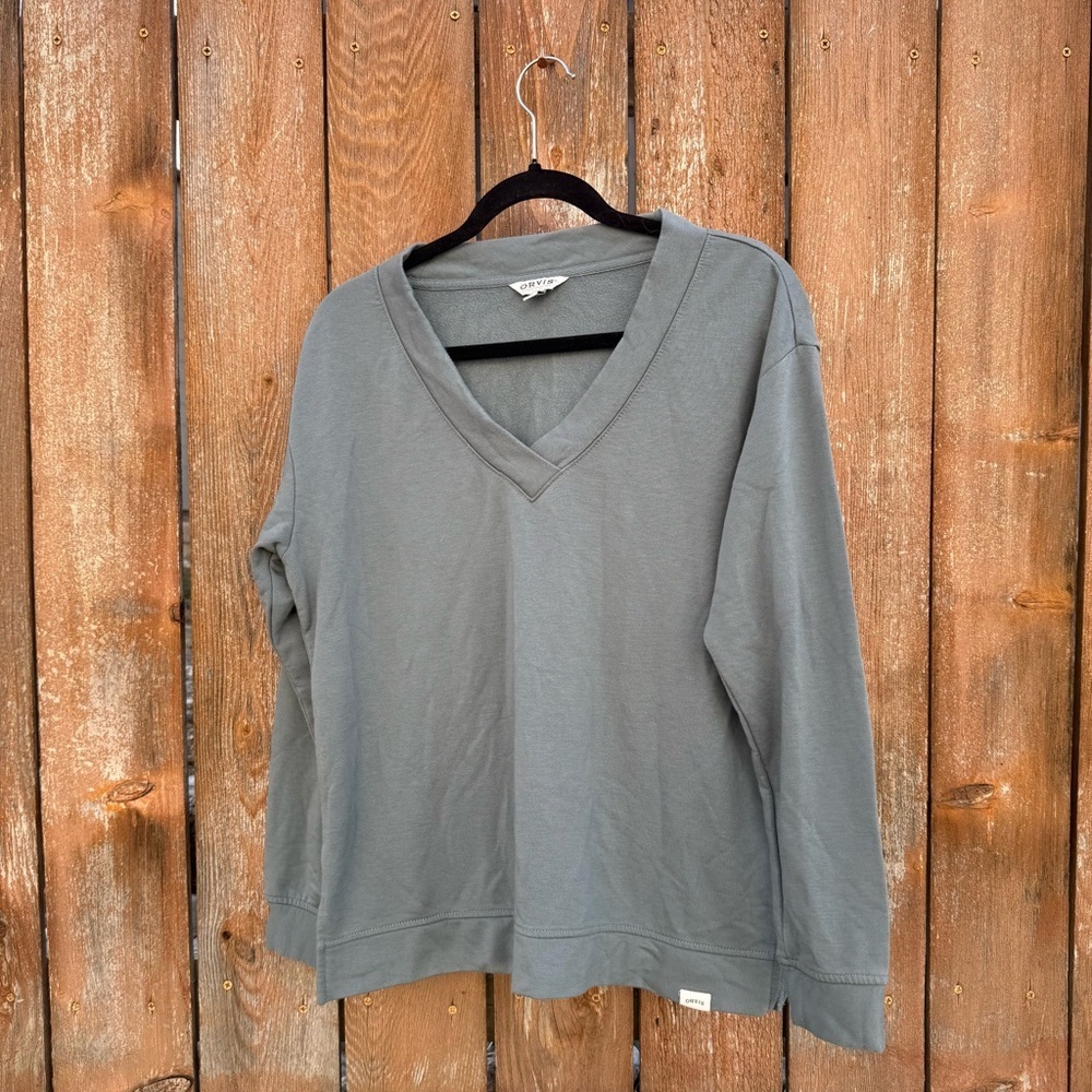 ORVIS Women’s Green Gray Fleece Modal V Neck Long Sleeve Sweatshirt Loose Small